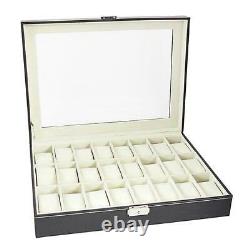 24 Compartments Black Leather Watch Display Storage Case Collection Box