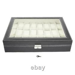 24 Compartments Black Leather Watch Display Storage Case Collection Box