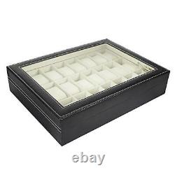 24 Compartments Black Leather Watch Display Storage Case Collection Box