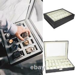 24 Compartments Black Leather Watch Display Storage Case Collection Box