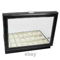 24 Compartments Black Leather Watch Display Storage Case Collection Box