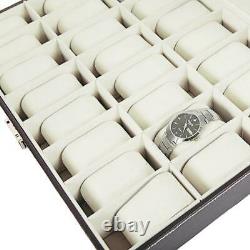 24 Compartments Black Leather Watch Display Storage Case Collection Box