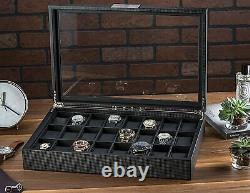 24 Slot Flat Luxury Display Case Organizer Watch Box for Men Carbon Fiber Design