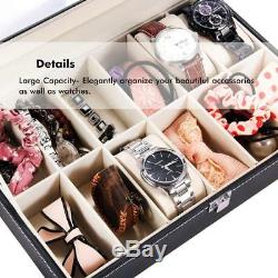 24 Slot Watch Box Leather Display Case Organizer Top Glass Jewelry Storage BLACK