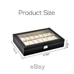 24 Slot Watch Box Leather Display Case Organizer Top Glass Jewelry Storage Black