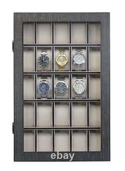 25 Slot Ginko Grey Wood Watch Display Case and Storage Organizer Box