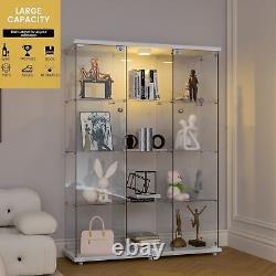 3 Doors 4 Shelves Glass Display Cabinet WithLED Light Storage Case For Curio NEW