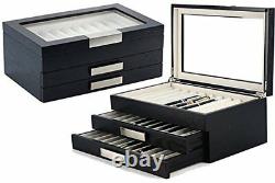 30 Pen slot Fountain Ebony Wood glass Display Case Organizer Storage Box Jewelry