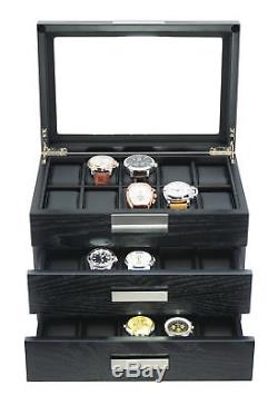 30 Watch Black Ebony Wood Display Case Drawer Storage Box Stainless Steel