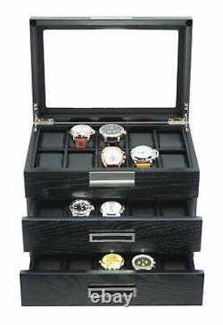 30 Watch Black Ebony Wood Display Case Drawer Storage Box Stainless Steel