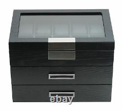 30 Watch Black Ebony Wood Display Case Drawer Storage Box Stainless Steel