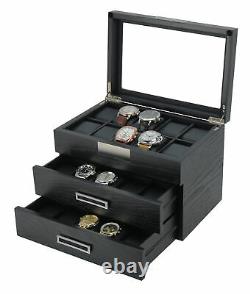 30 Watch Black Ebony Wood Display Case Drawer Storage Box Stainless Steel