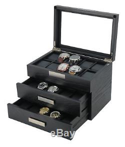 30 Watch Black Ebony Wood Display Case Drawer Storage Box Stainless Steel