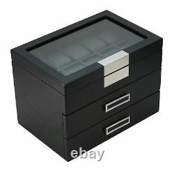 30 Watch Black Ebony Wood Display Case Drawer Storage Box Stainless Steel