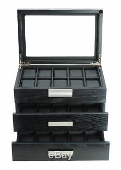 30 Watch Black Ebony Wood Display Case Drawer Storage Box Stainless Steel