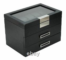 30 Watch Black Ebony Wood Display Case Drawer Storage Box Stainless Steel