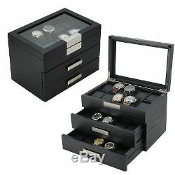 30 Watch Black Ebony Wood Display Case Drawer Storage Box Stainless Steel