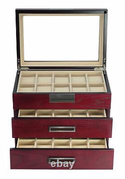 30 Watch Cherry Wood Display Case Drawer Storage Organizer Box Stainless Steel