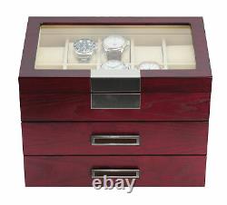 30 Watch Cherry Wood Display Case Drawer Storage Organizer Box Stainless Steel