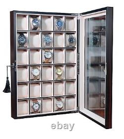 30 Watch Ebony Walnut Wood Display Wall Case Stand Storage Organizer Box Hang