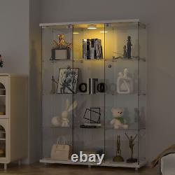 4 Shelves Glass Display Cabinet WithLED Light 3 Doors Storage Case For Curio NEW