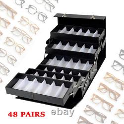 48 Slots Sunglass Storage Box Suitcase Eyeglasses Display Case PU Leather Black
