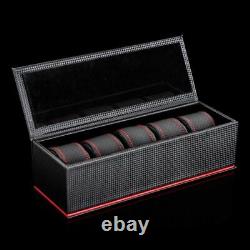 5 Slots Leather Watch Storage Box Black Carbon Fiber Mechanical Display Case