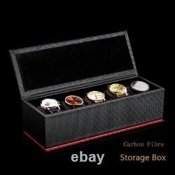 5 Slots Leather Watch Storage Box Black Carbon Fiber Mechanical Display Case