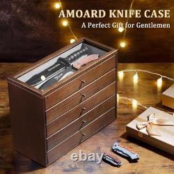 5-Tier Large Knife Display Case & Organizer, Wooden Pocket Knife Storage Box wit