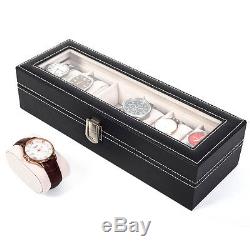 6 Slot Leather Watch Box Display Case Organizer Glass Top Jewelry Storage