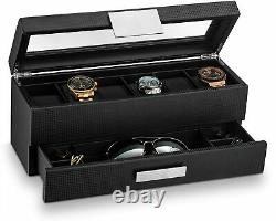 6 Slot Luxury Watch Case Display Organizer Carbon Fiber Design with Valet Drawer