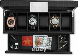 6 Slot Luxury Watch Case Display Organizer Carbon Fiber Design with Valet Drawer