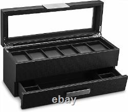 6 Slot Luxury Watch Case Display Organizer with Valet Drawer for Men Storage New