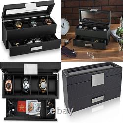 6 Slot Luxury Watch Case Display Organizer with Valet Drawer for Men Storage New