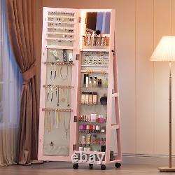 64 Swivel Jewelry Armoire Cabinet withFull Length LED Mirror Rear Storage Shelf