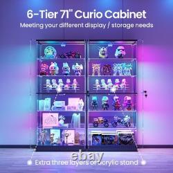 71 Tall Display Cabinet with Glass Doors, 6-Tier Glass Display Case with RGB Lights