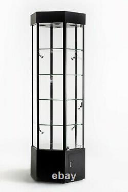 73 Inch Tall Hexagonal Black Tower Display Showcase with LED Lights and Storage
