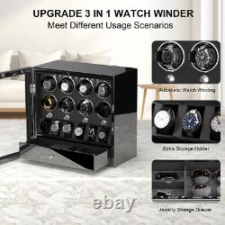 8+6 Automatic Watch Winder with Storage Display Case Box LED Jewelry Drawer New