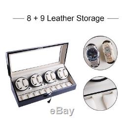 8+9 Automatic Rotation Black Wood Leather Watch Winder Storage Display Case Box