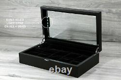 9 Slot Men LED Satin Black Watch Box Display Case Organizer Storage Glass