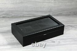 9 Slot Men LED Satin Black Watch Box Display Case Organizer Storage Glass