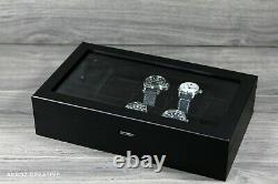 9 Slot Men LED Satin Black Watch Box Display Case Organizer Storage Glass