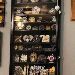 90 Challenge Coin Display Case Adjustable Black Military Cabinet Wood Shadow Box