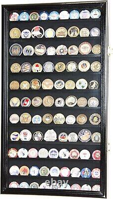 90 Challenge Coin Display Case Adjustable Black Military Cabinet Wood Shadow Box