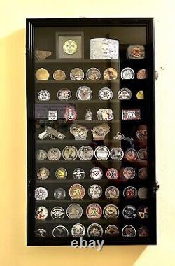 90 Challenge Coin Display Case Adjustable Black Military Cabinet Wood Shadow Box