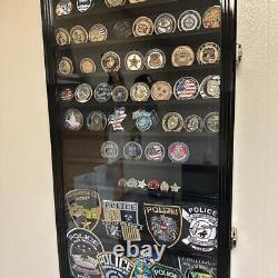 90 Challenge Coin Display Case Adjustable Black Military Cabinet Wood Shadow Box