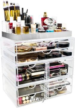 Acrylic Cosmetic Makeup and Jewelry Storage Case Display with Silver Trim Sp