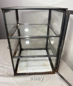 Antique handmade metal glass countertop store display show case sliding shelves
