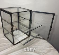 Antique handmade metal glass countertop store display show case sliding shelves