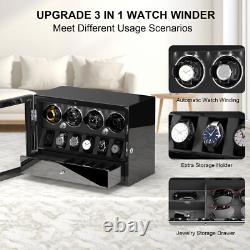 Automatic 4 Watch Winder Case with 6 Watch Display Drawer Storage Box LED Black